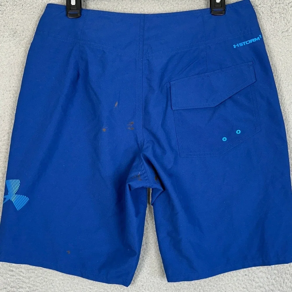 NEW Under Armour Swim Trunks Mens 32 Blue HeatGear Drawstring Logo Board Shorts